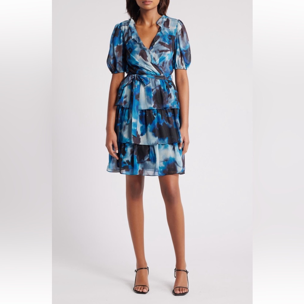 NWT  Julia Jordan  Blue, Black & White Puff Sleeves Tiered Ruffle Wrap Dress - 6